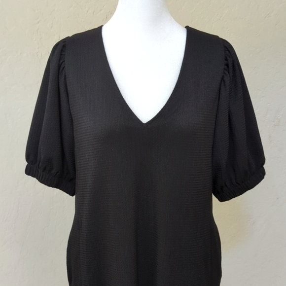 Code x Mode Black Textured Puff Sleeved V Neck Tie Back Peplum Midi Dress Small - Picture 2 of 10